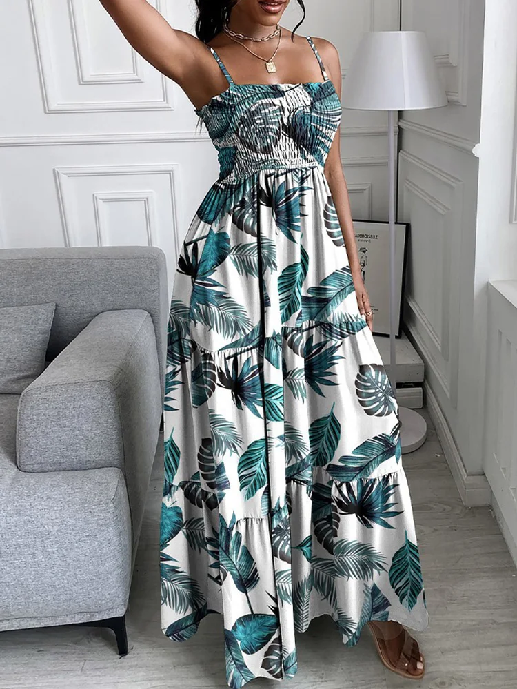

Tropical Print Spaghetti Strap Bandeau Maxi Dress Women Casual Summer Dress