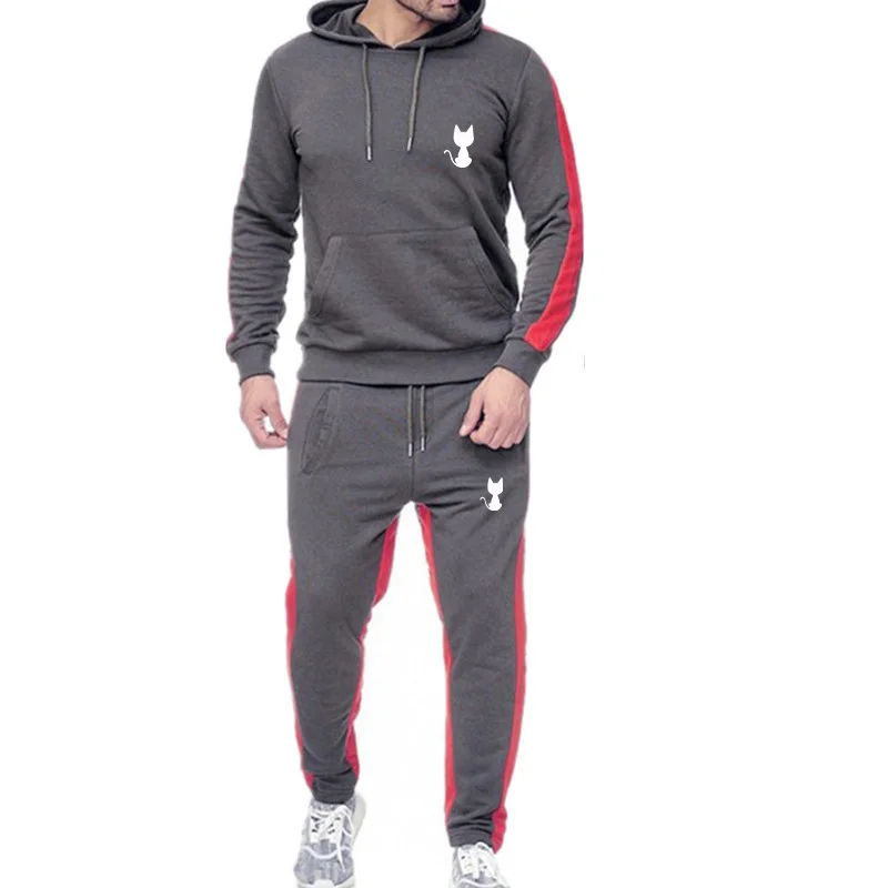 Striped Men's Sweatshirt Set Hoodies And Sports Pants Two Pieces Cute Kitten Print Spring Autumn Casual Style