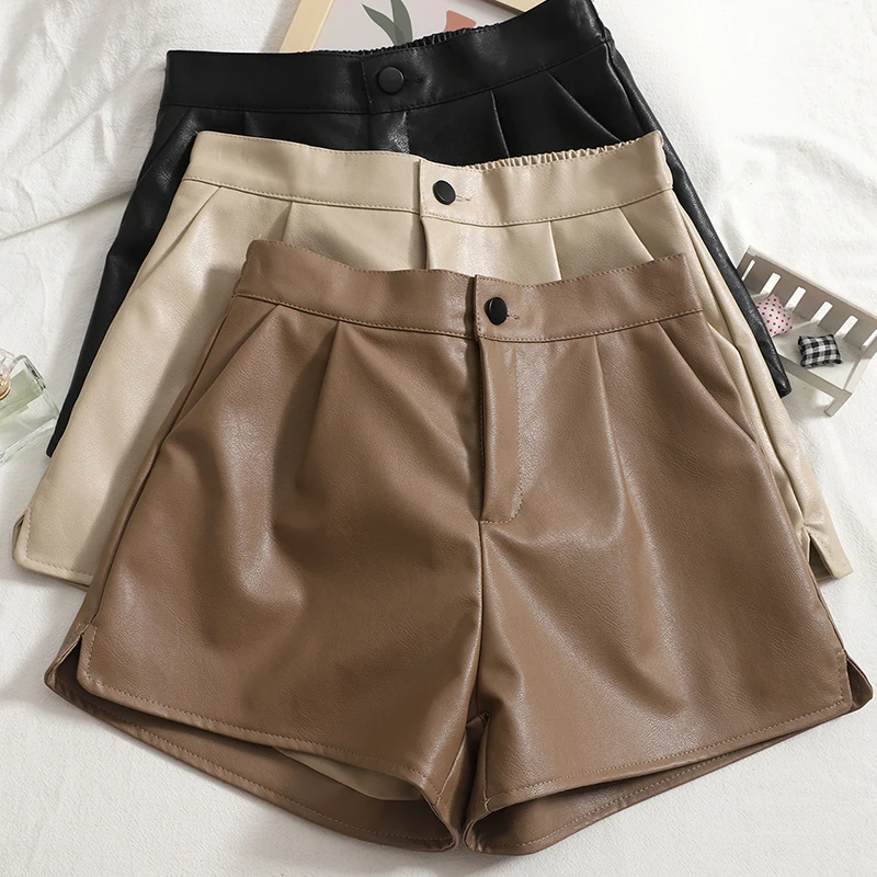

High Quality 2022 Women High Elastic Waist Wide Leg Leather Shorts Casual Female Loose PU Faux Leather Shorts Short Pant Female