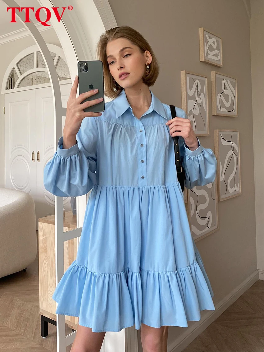 

TTQV Fashion Blue Office Mini Dress Ladies Autumn Long Sleeve Lapel Dress Elegant Loose Buttons Pleated Dresses For Women