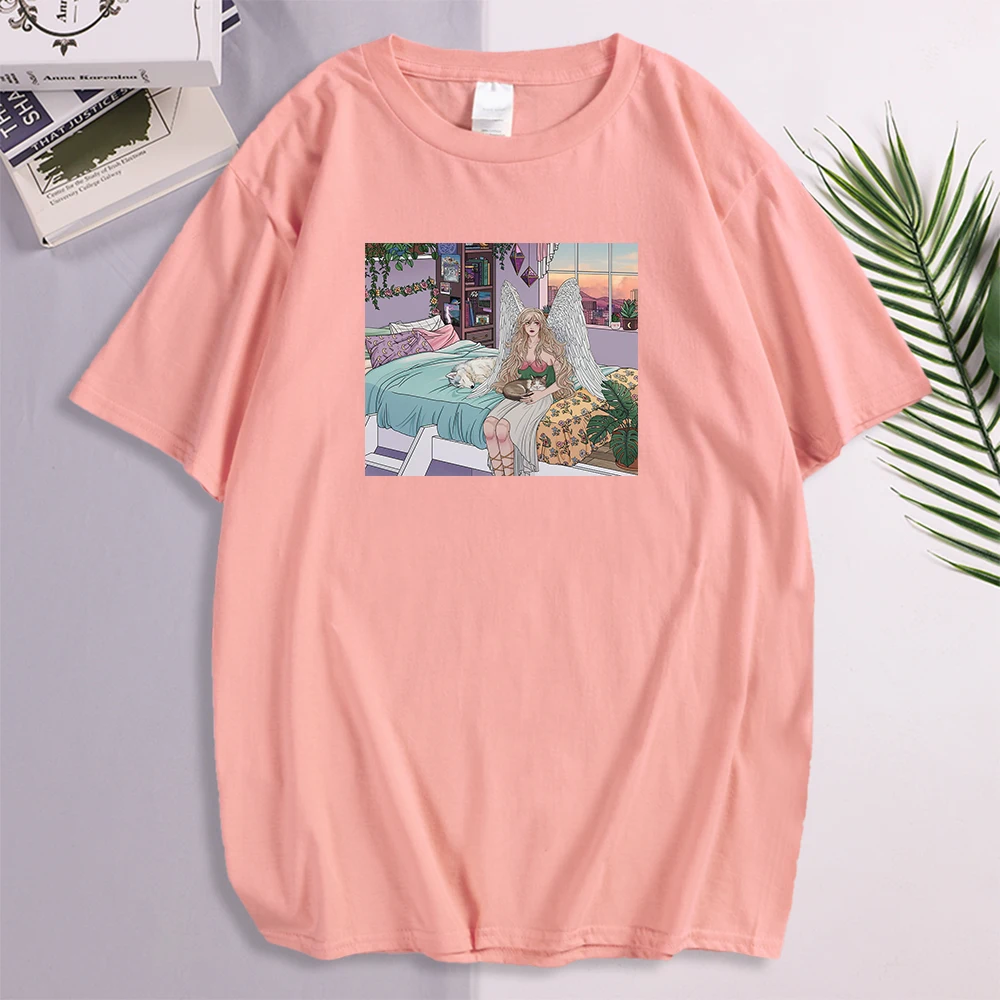 

Футболка Sunsets с принтом ангела для мужчин, Мужская дышащая рубашка в корейском ретро стиле, модная уличная одежда, лето