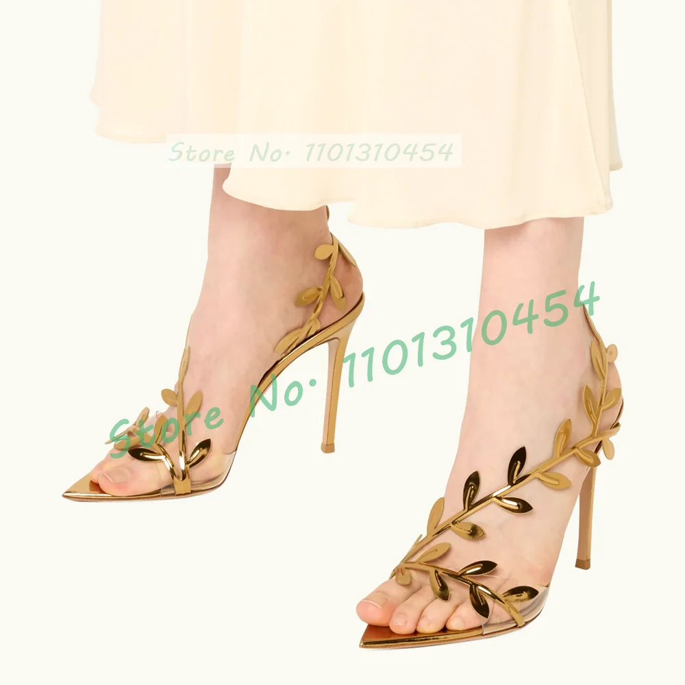 Босоножки женские с золотыми листьями шикарные сандалии на высоком каблуке