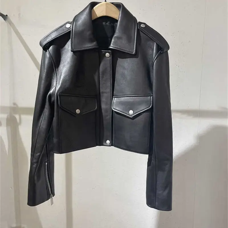 POLO collar jacket of 2022 autumn and winter  short PU motorcycle leather coat, women  winter jacket women  Faux Leather
