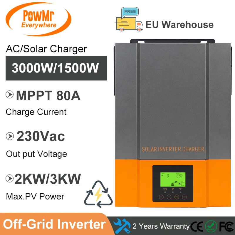 

PowMr MPPT 80A Solar Charger 230VAC Max Solar Panel In-put 450vdc Pure Sine Wave Inverter 1.5KW 3KW with WIFI for Hybrid System