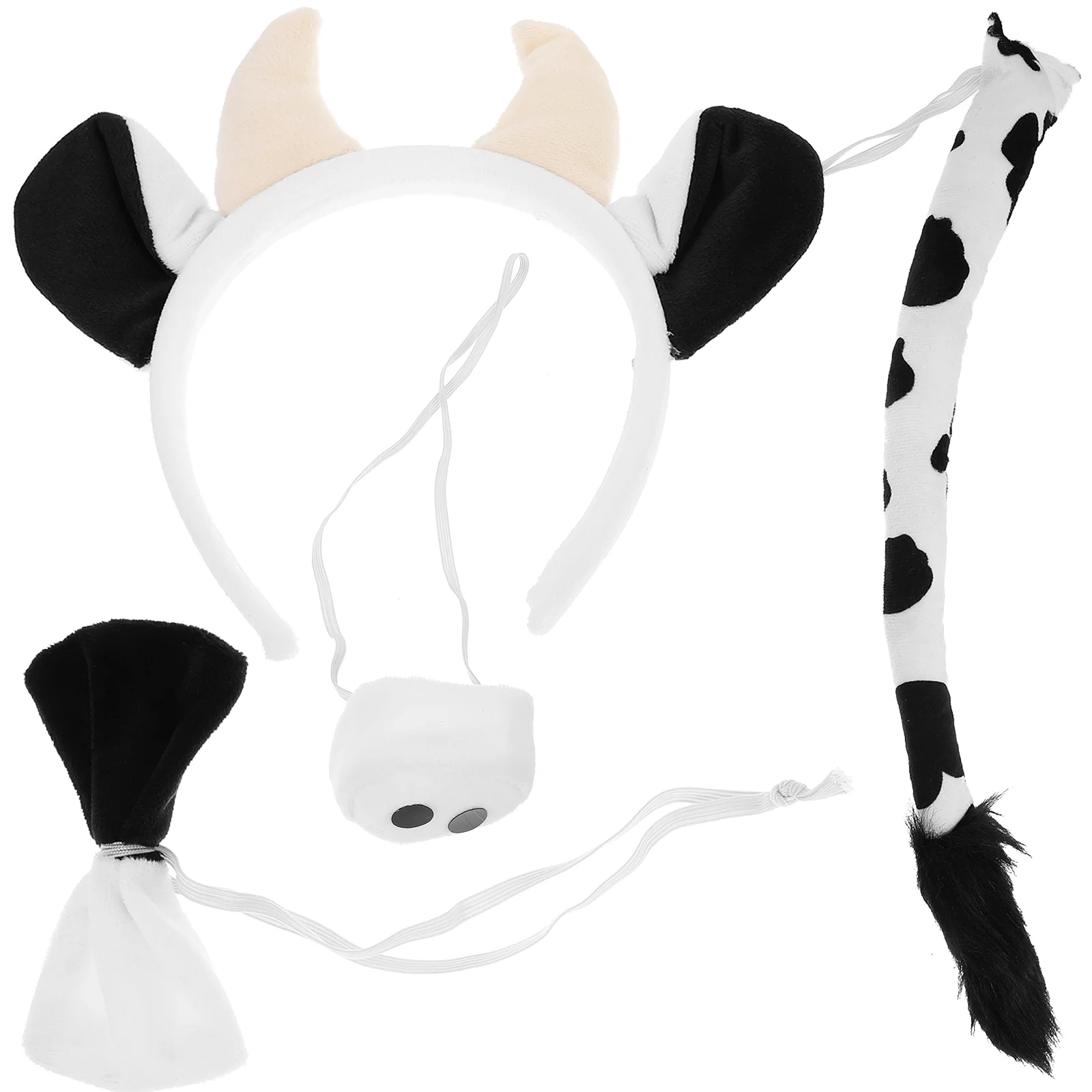 Повязка на голову с рогами плюшевая черно-белая корова игрушка из четырех