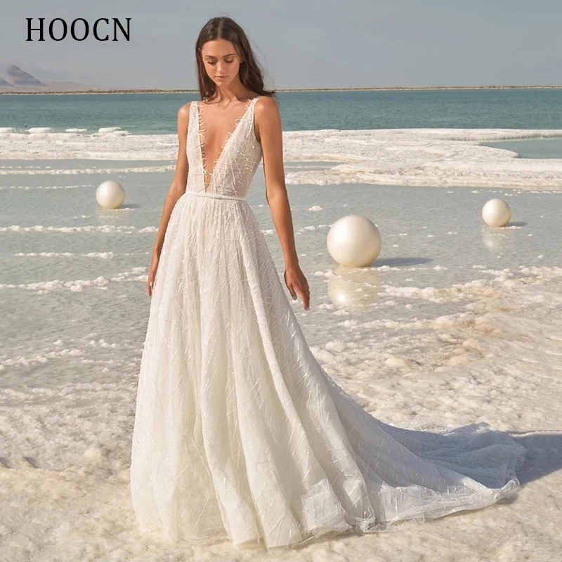 

HERBURNL Sexy V-Neck A-line Romantic Wedding Dress 2022 Backless Appliques Sleeveless Sashes Bridal Gowns Robe De