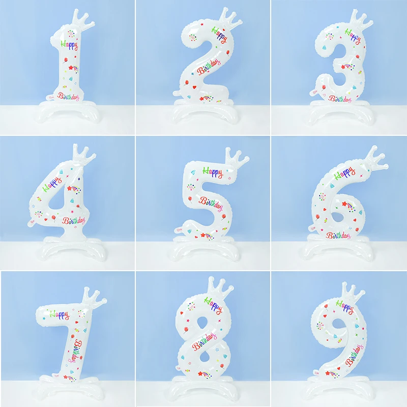 

32inch White Number Stand Foil Balloon with Crown 0-9 Happy Birthday Large Figures Globos Wedding Party Decor Baby Shower Supply
