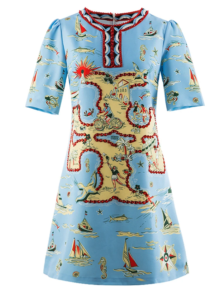 

2022 Summer Designer Fashion Dress Women Blue Beading Crystal Luxury Short Sleeve Print Elegant Office Lady