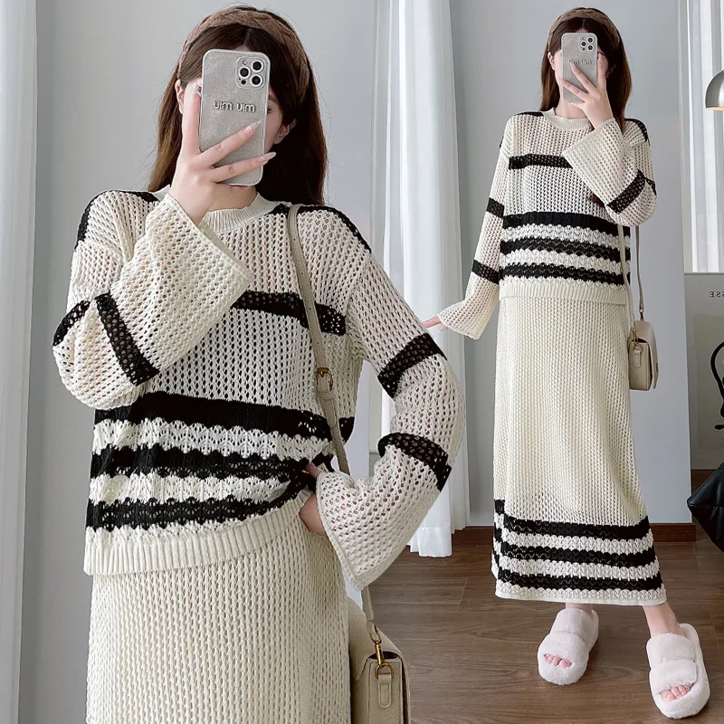 Осенний комплект одежды для беременных в корейском стиле полосатый лоскутный