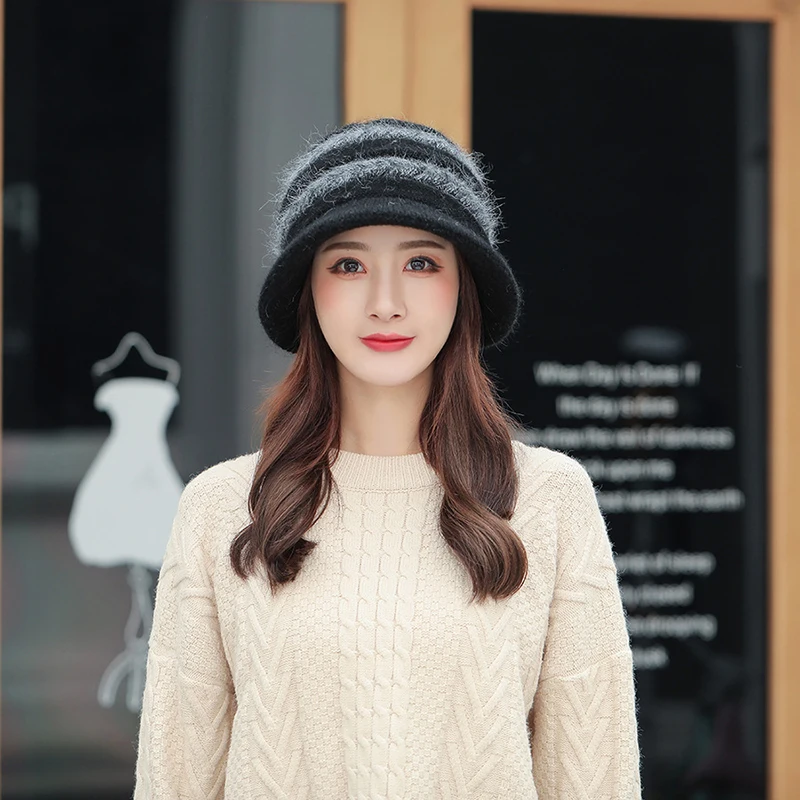 

Женская зимняя Панама из меха кролика, однотонная Вязаная Шерстяная Панама в стиле ретро, 2022