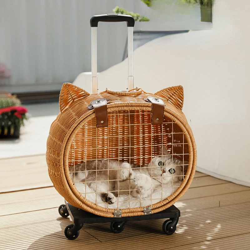 

Creative Cat Ear Trolley Case Portable Cat Bag For Outdoor Pets Case Bamboo Woven Suitcase High Beauty Pet Backpack Cat Bag