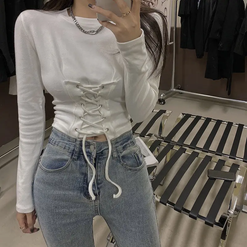 Готическая бандажная футболка с длинным рукавом женская модная однотонная