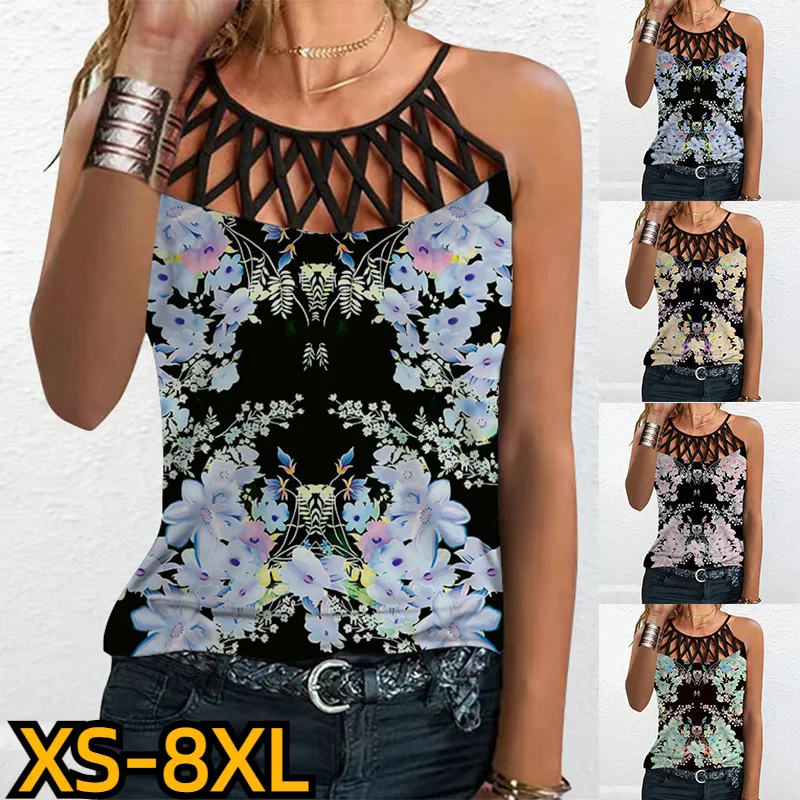 

2023 Sexy Sleeveless Pullover Daily Street Crewneck New Design Printed Clothes Summer Women Fashion Top Loose T-shirt XS-8XL