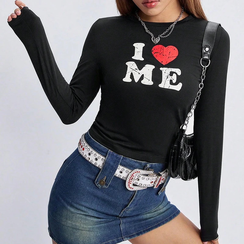 

y2k Grunge Vintage Letter Print T-shirt Long Sleeve Slim Fit Graphic Tee Women Black Crop Top 2000s Retro Fall Streetwear