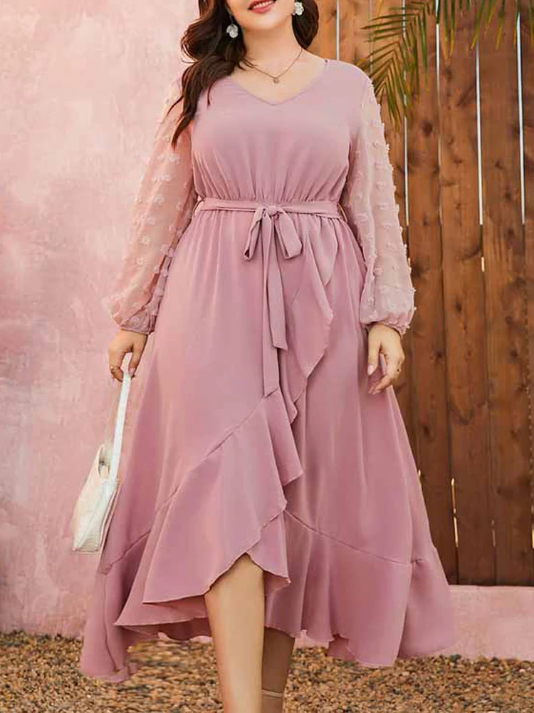 

2022 Fashion Summer Dress Women Lace See Through Long Sleeve Ruffles Beach Dress Pink Plus Size Maxi Long Dresses