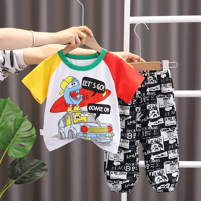 

Оригинальная одежда для первого дня рождения, Детские наряды для малышей, футболки с круглым вырезом и коротким рукавом и брюки с мультяшным принтом, костюмы