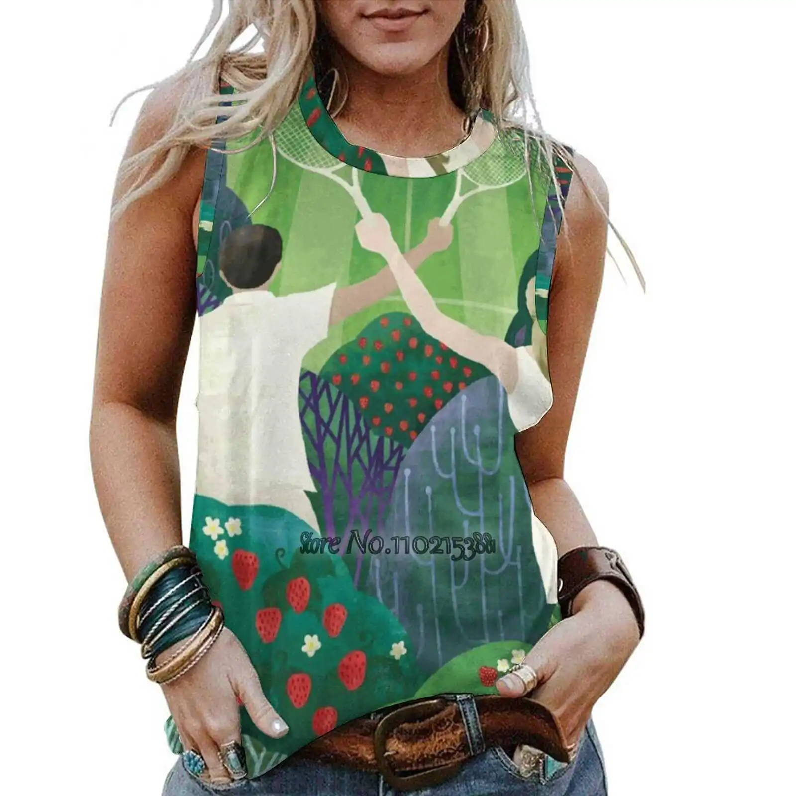 

Tennis Women Tank Camisole Fashion Loose Casual Vest Sexy Tank Top Girls T-Shirt Tennis Sports Sport Strawberries Forest Green