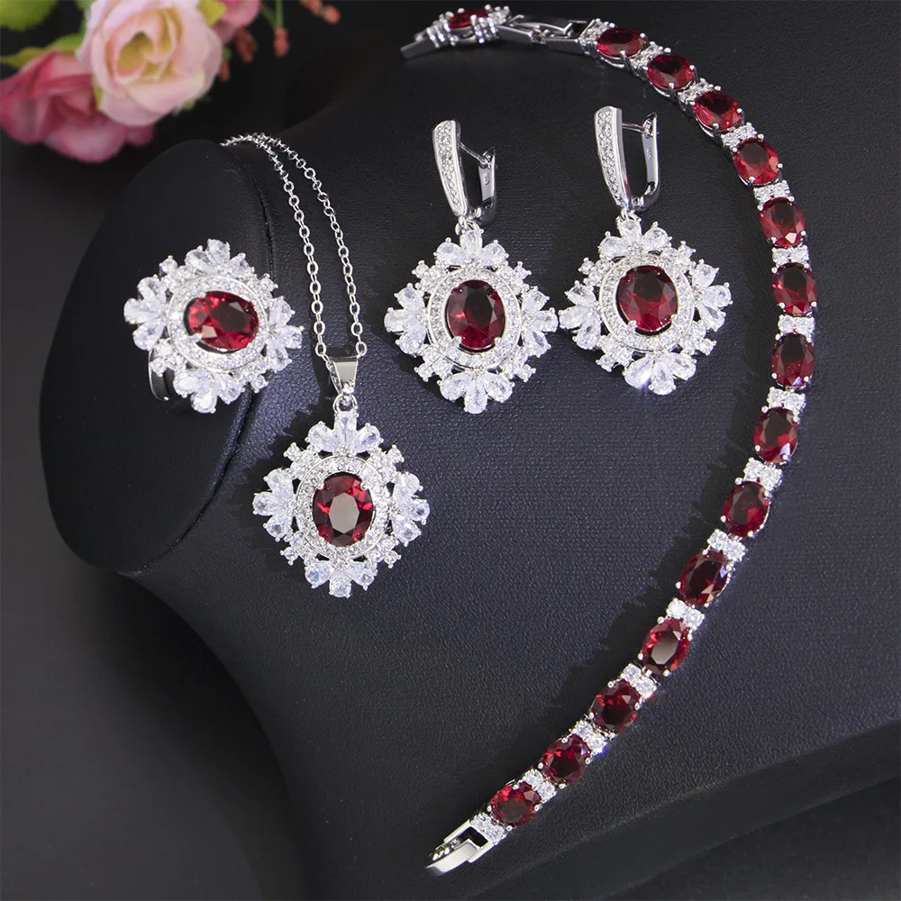 

Silver 925 Jewelry Sets Ladies Red Crystal Earrings Pendant Rings Bracelet Necklace Set for Women Erarrings Wedding Jewerly
