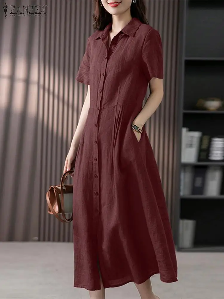 

ZANZEA Elegant Women 2023 Summer Fashion Lapel Neck Solid Work Sundress Loose Vestido Robe Short Sleeve Casual Long Shirt Dress