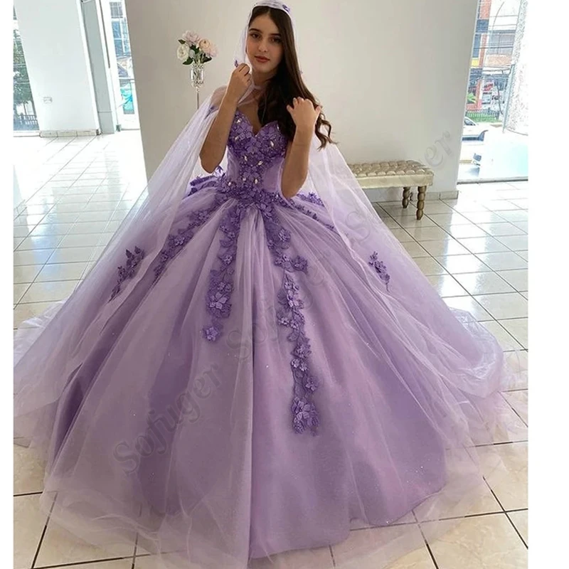 

Light Purple Quincenera Dress Ball Gown Flowers Appliqued Prom Party Robe De Soiree Celebrity 15 Ans Vestidos Fiesta Custom Made