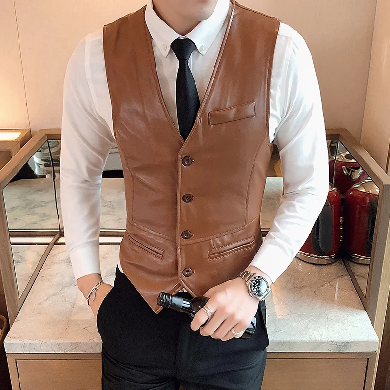 

2023 Leather Tank Top Men's New Fashion Casual High Quality Solid Single Breasted Slim Fit Large Business Tank Top S-7XL
