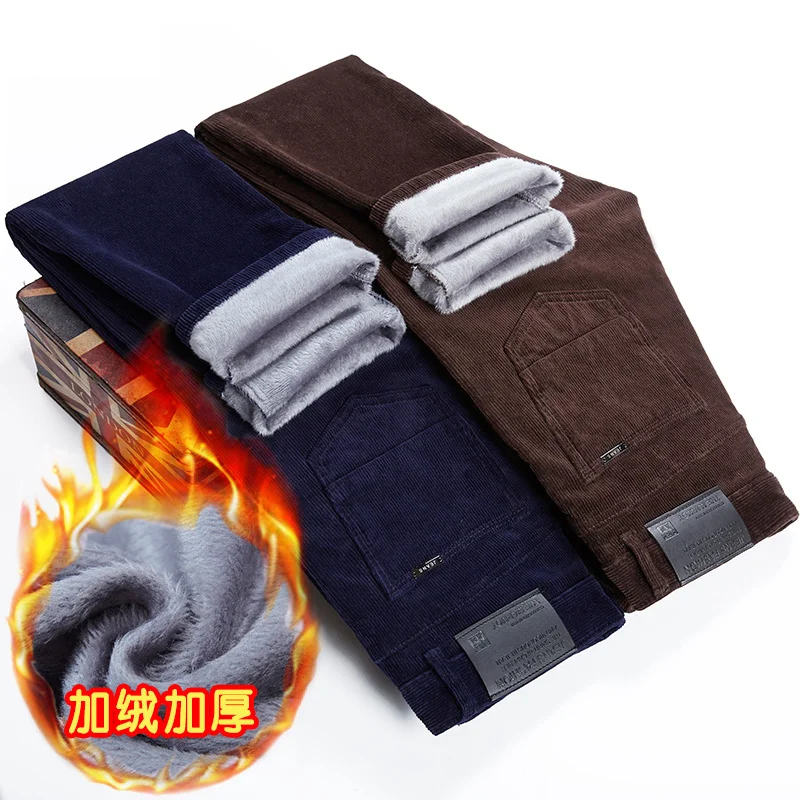 

Men's Winter Fleece Slim Corduroy Pants Classic Fashion Young Men's Fitted Cotton Stretch Thick Warm Flannel Trousers