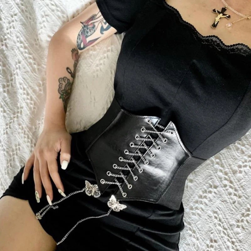 

Women Corset Waistband Underbust Gothic Butterfly Chain Curve Shaper Strap Slimming Waist Belt Chain Lace PU Corsets Bustiers