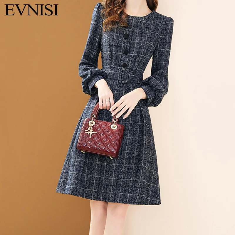 EVNISI Vintage Women Dress With Belt O-Neck Elegant Office A-line Dresses Lantern Sleeve For Women Party Vestido Autumn Winter