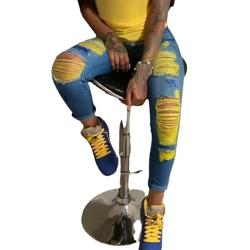 

Новинка, уличные леггинсы 013-027, эластичные джинсы с дырками, женские брюки