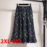 150kg plus size womens spring summer long mid calf floral pleated skirt 2xl 6xl loose high waist skirt navy