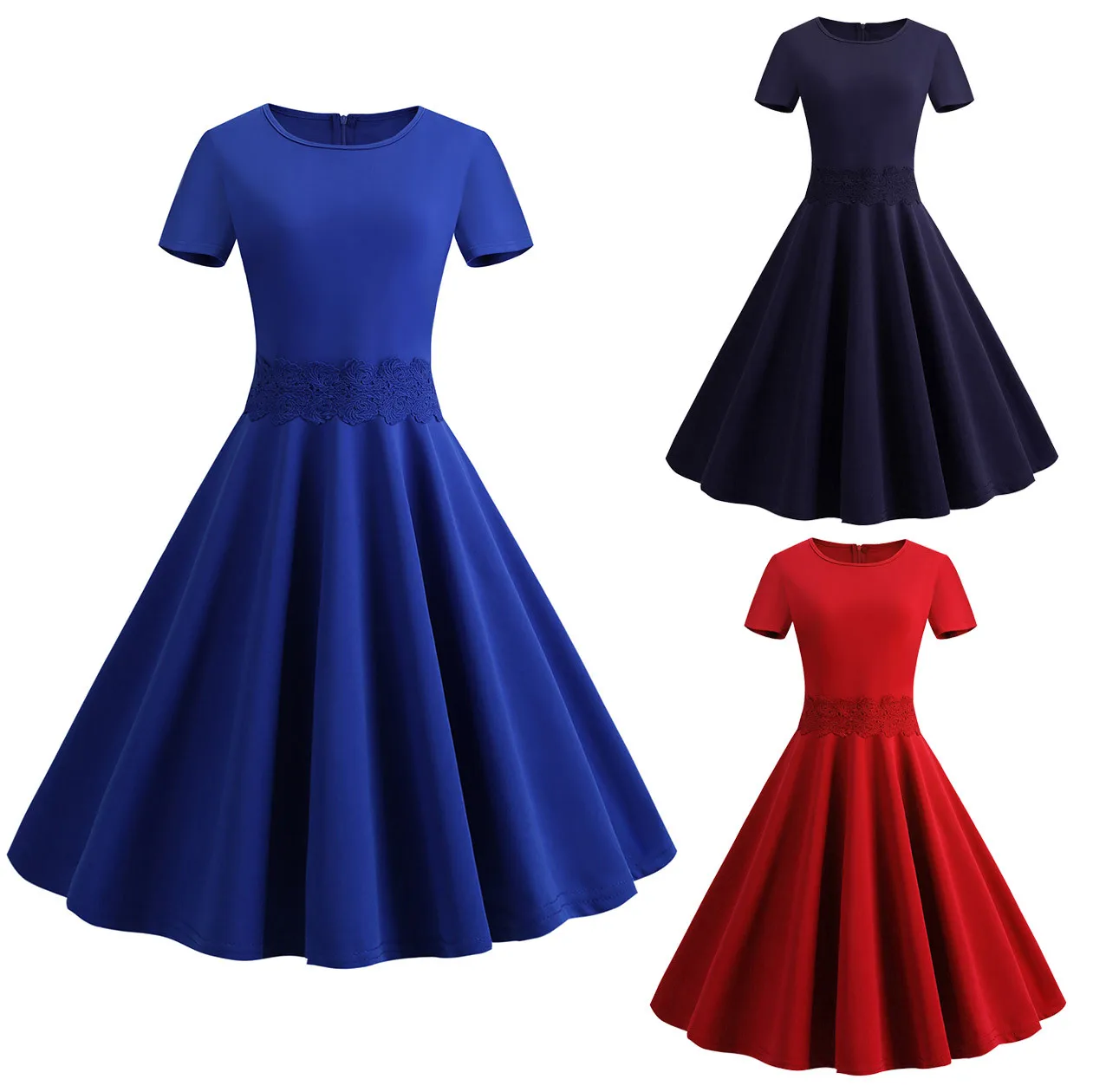 

Women Vintage 1950s Retro Short Sleeve O-Neck Solid Party Prom Swing Dress Long Sleeve Dresses