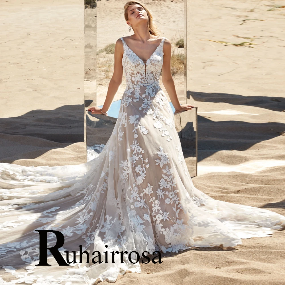 

Ruhair Trendy V-Neck Wedding Dresses For Bride Appliques Lace Sequin Sleeveless Court Train Tulle Made To Order Robe De Mariée