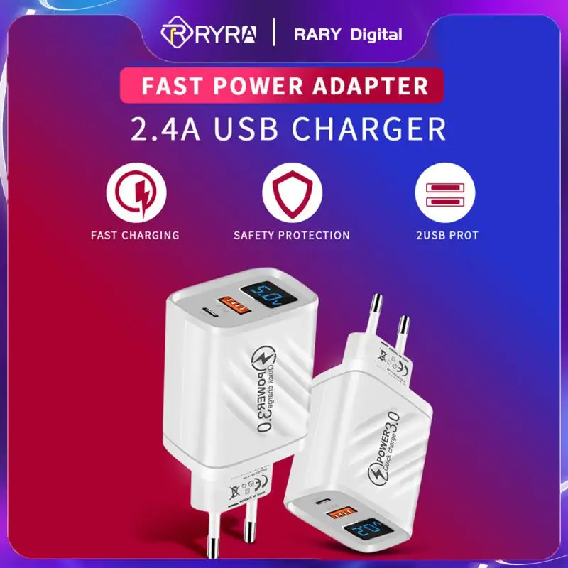 

RYRA 18W USB TYPE-C Charger Quick Charge QC3.0 For IPhone Samsung Xiaomi Multi Plug Wall Mobile Phone Digital Display Charger
