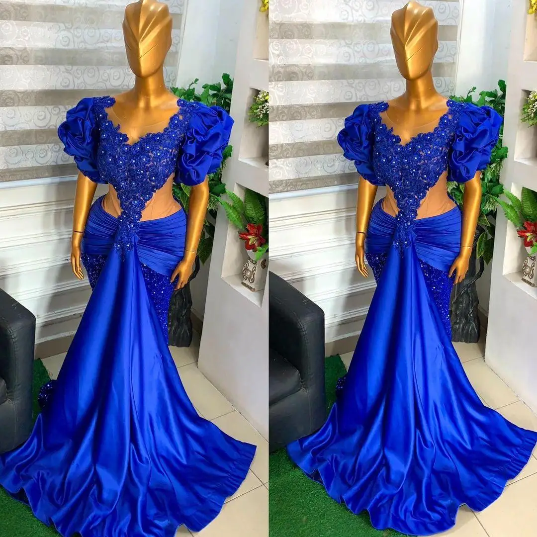 

Royal Blue Stain Evening Dresses with Puffy Sleeve Lace Beaded Arabic Aso Ebi Mermaid Prom Formal Party Second Reception Gown