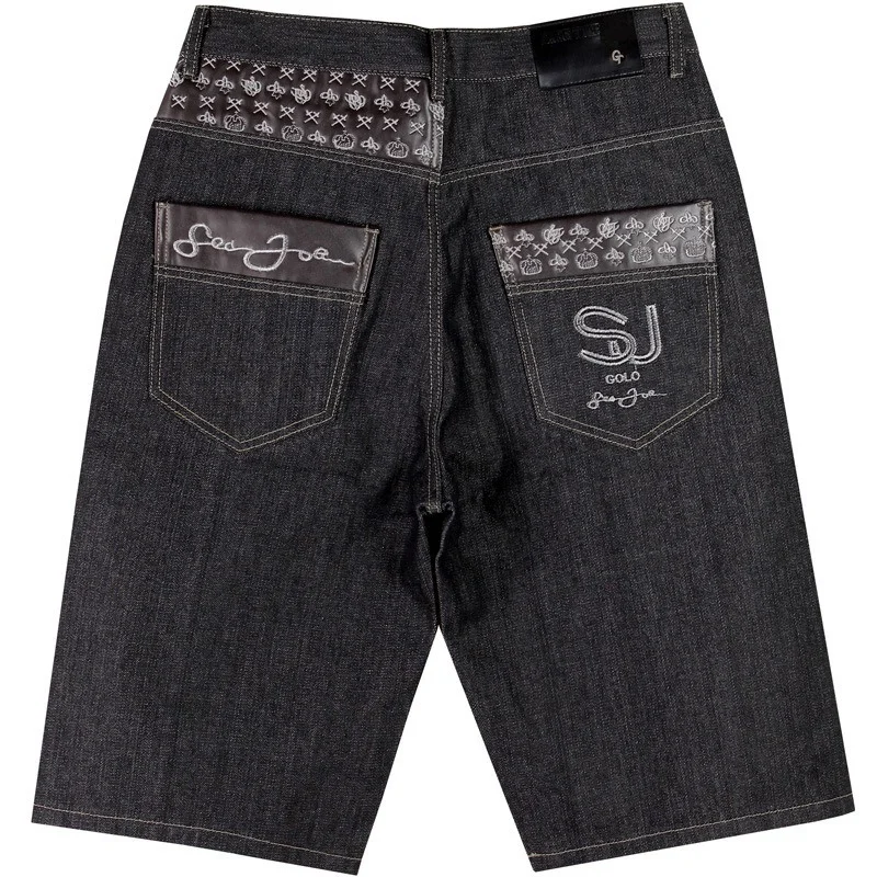 Summer Men's Wide Leg Denim Shorts Loose Straight Skating Pants Embroidered Hip Hop Shorts Mid Pants Jeans Plus Size