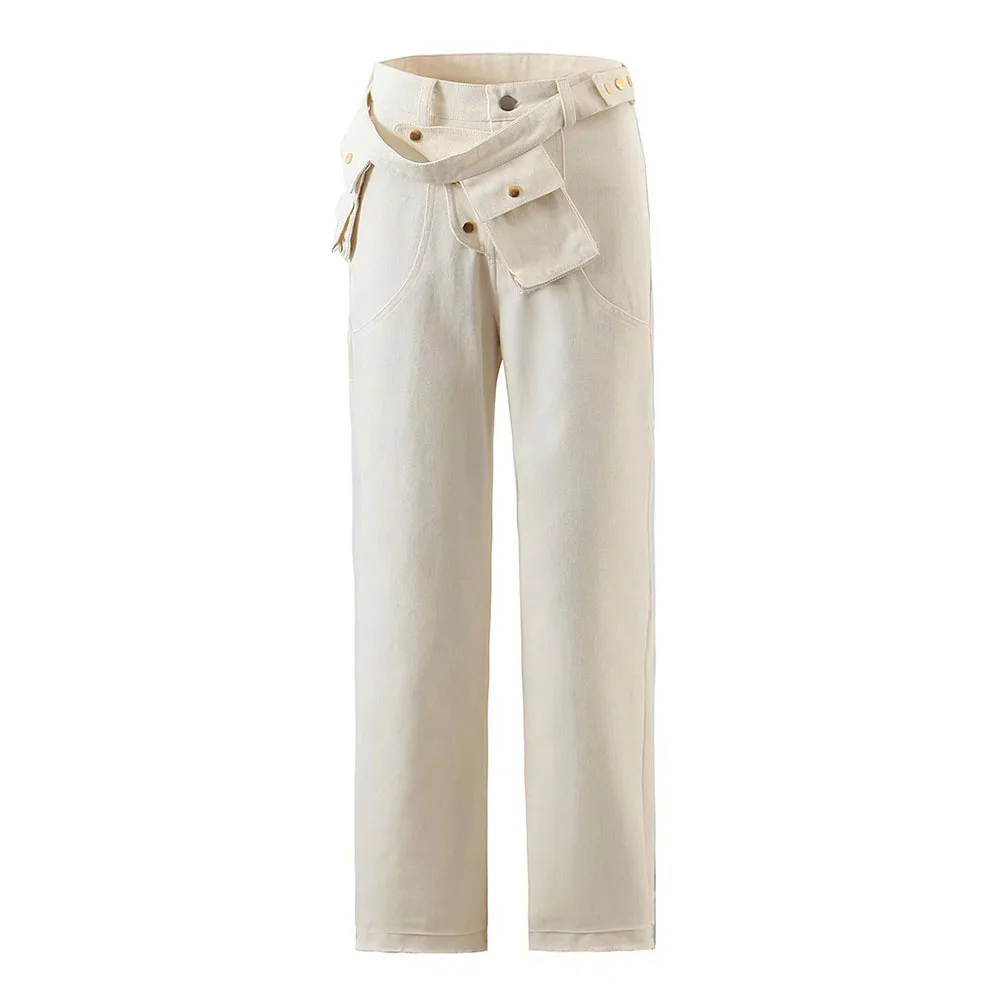 

URMASZA2022 women's spring and summer new fashion retro tooling high waist belt solid color women's jeans