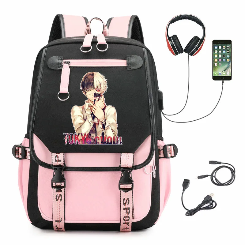 

Нейлоновый рюкзак с аниме «Токийский Гуль», Повседневная сумка для ноутбука с USB, школьный портфель на молнии, вместительный ранец для учеников и подростков с мультипликационным рисунком