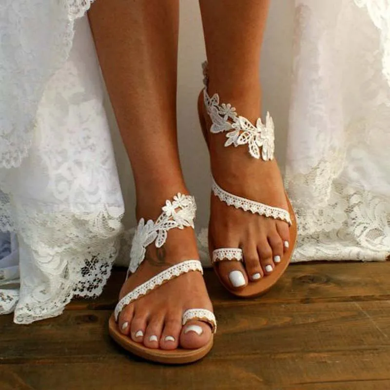 

Women Sandals 2022 Summer Peep Toe Slippers Girl Plus Size Bohemian Lace Flower Casual Flat Roman Sandals Woman Sandalias Mujer