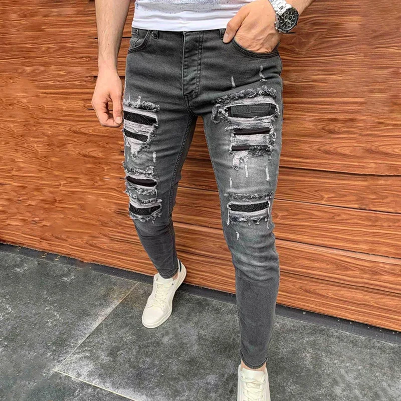 New Tight Men's Jeans Fashion Casual Hole Slim Fit Patch Slim Fit Bike Motorcycle Denim Pants Men