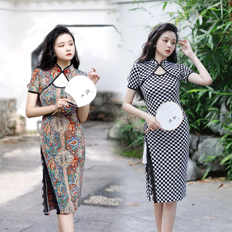 

Spring Summer Ice Silk Qipao Dress Chinese Traditional Midi Cheongsam 2022 New In Women Short Sleeves Sexy Banquet Gown