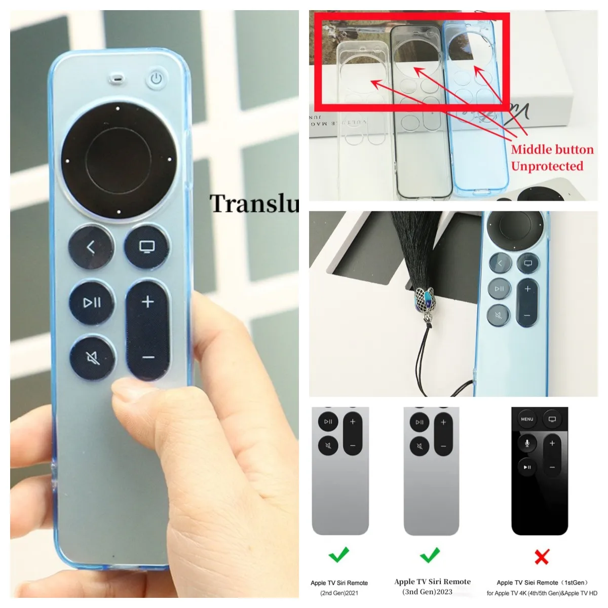 

Soft Case TPU Compatible with Apple TV Siri Remote 4k 2021/2023 Transparent Remote Control Cover with lanyard scratch proof case