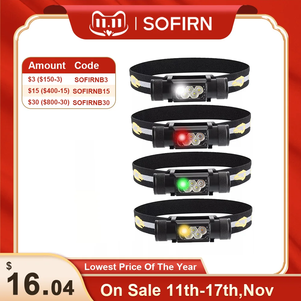 

Налобный фонарь Sofirn H05B SST20, перезаряжаемый с USB, красный, зеленый, желтый светильник, 18650