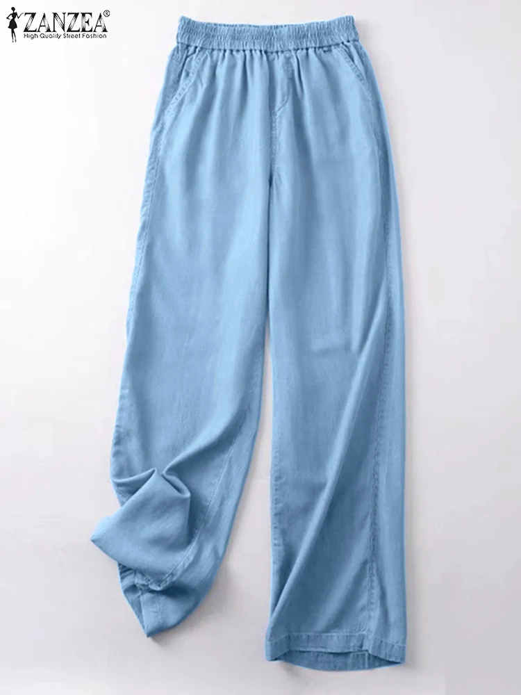 

Oversized Women 2023 Fashion OL Bottoms ZANZEA Holiday Palazzo Elastic Waist Pantalons Vintage Denim Blue Pants Wide Leg Pants