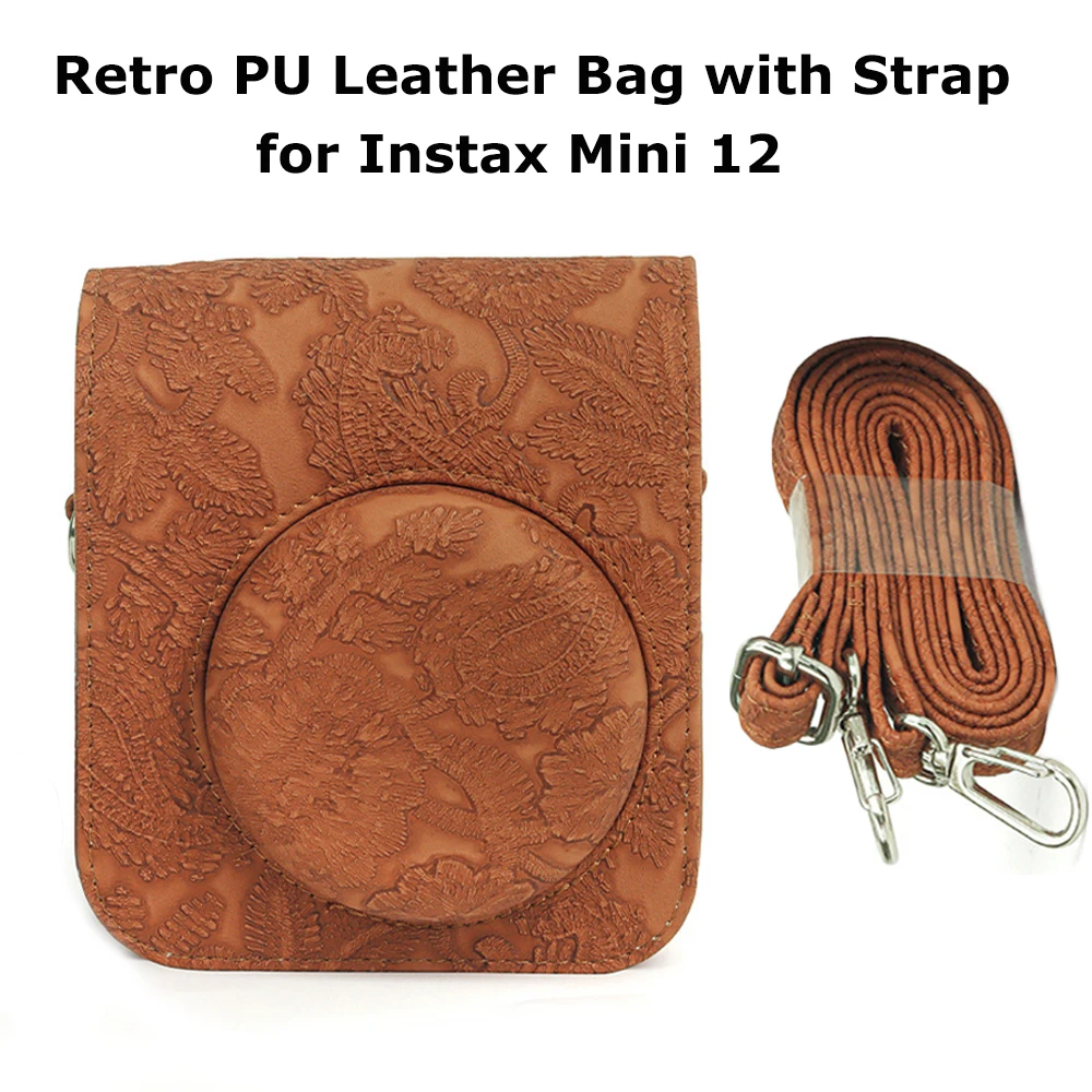

Carved Vintage Camera Bag for Fujifilm Instax Mini 12 Retro Relief Lace Pattern PU Leather Protective Case with Shoulder Strap