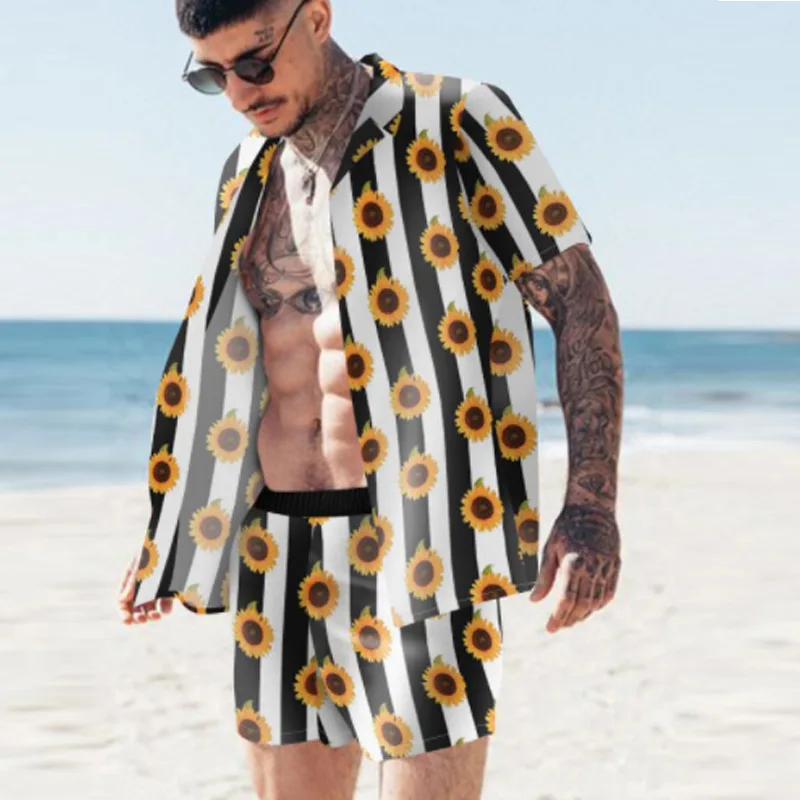 

Men 's Leisure Summer Beach Short Sleeve Sunflower Printing Slim Fitting Shirt MEN 'S Two Piece Suit