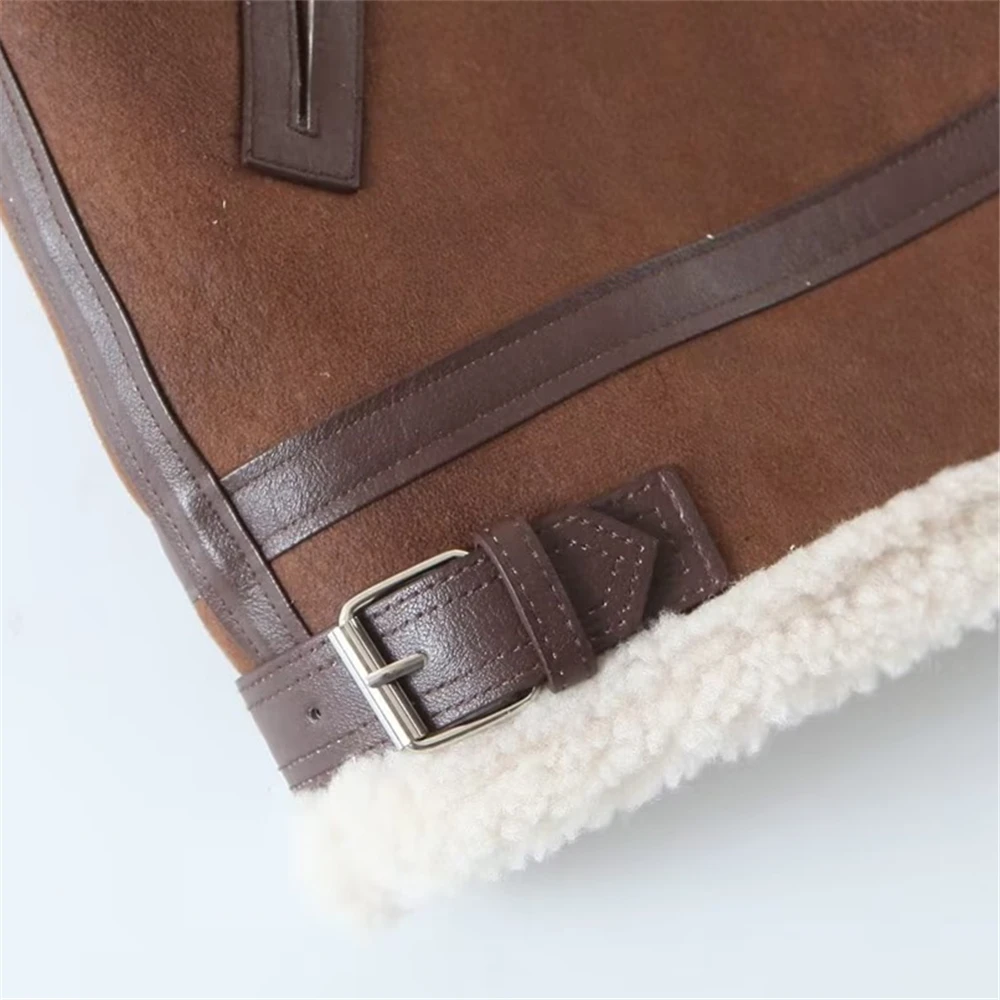 KEYANKETIAN Women's Heavy suede lamb coat Winter new dark brown zipper short faux leather waistcoat thermal vest