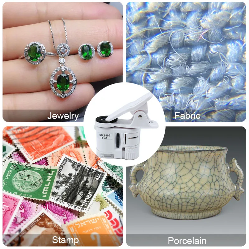 universal clip microscope 60x led jewelry magnifying glass focusing adjusted pocket microscope with cell phone clip uv light free global shipping