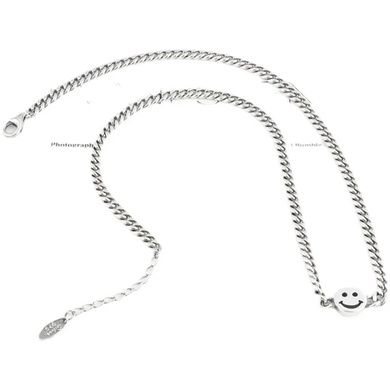 South korea Dongdaemun S925 Sterling Silver Smiley Face Necklace Women Thick Summer Choker Twin Personalized Tank Chain New S...