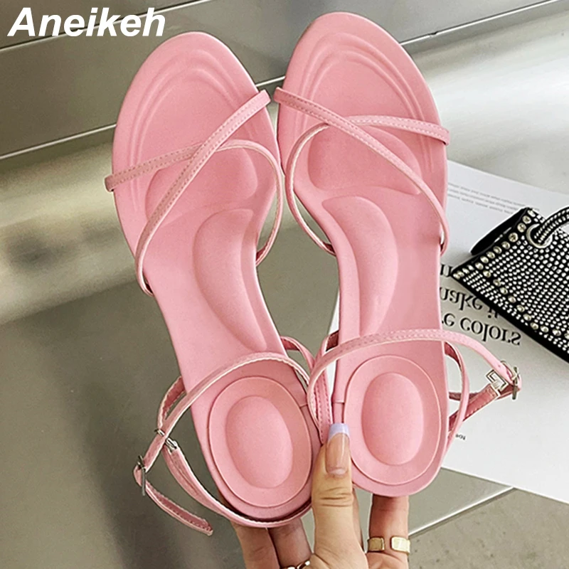 

Aneikeh Summer Fashion Riband Concise Sandals Ladies Shoes PU Party DRESS Solid Thin Heels Ankle Strap Neutral Black 2022 NEW