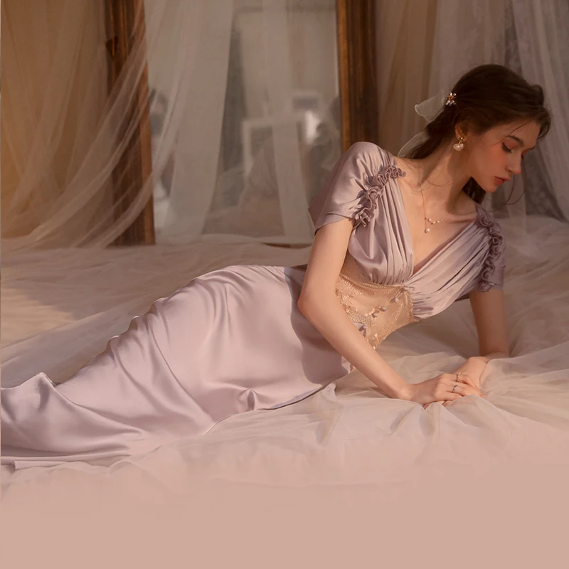 French Elegant Satin Dress Nightdress Women Puff Sleeve Vintage Party Dresses Women Clothing Gloss Embroidery Lace Vestido